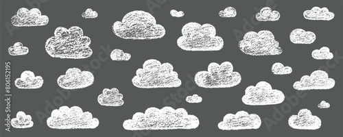 Chalk grunge cloud set. Hand drawn vector stock kid crayon illustration isolated on black background for design template art children education material, weather forecast, business presentation. 