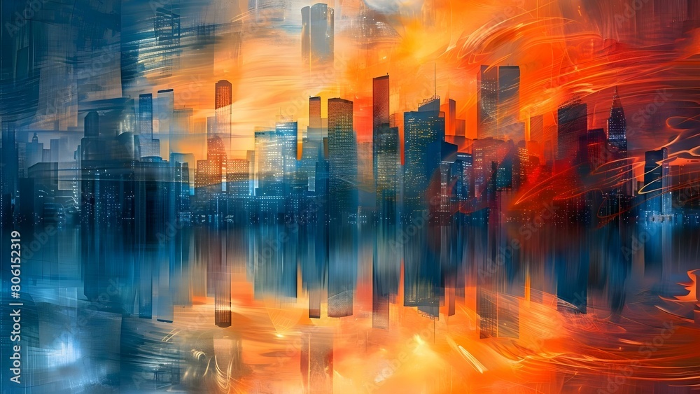 90s cityscape painting with skyscrapers and colorful frequencies symbolizing prosperity. Concept 90s Art, Cityscape, Skyscrapers, Colorful Frequencies, Prosperity