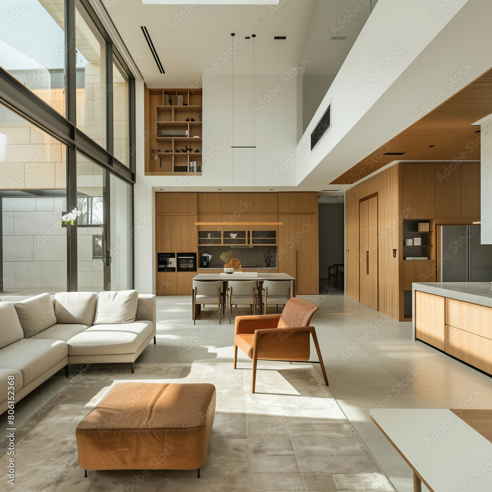 An impressive modern minimalist interior with clean lines, and neutral colour palette, featuring open-concept living space in natural light An impressive modern minimalist interior with clean lines, and neutral colour palette, featuring open-concept living space in natural light
