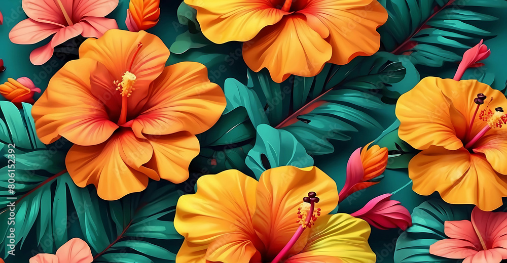 Seamless pattern with tropical leaves and hibiscus flowers