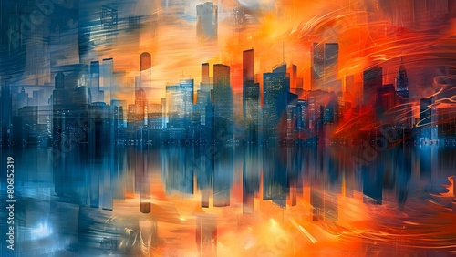90s cityscape painting with skyscrapers and colorful frequencies symbolizing prosperity. Concept 90s Art  Cityscape  Skyscrapers  Colorful Frequencies  Prosperity