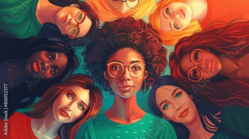A group of women are standing in a circle  with one woman in the center. The women are all wearing glasses and have different hair colors and styles. The image is a representation of diversity
