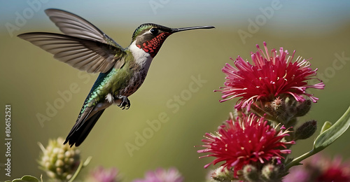 Male Ruby-throated Hummingbird (archilochus colubris) in flight with red flower in background photo