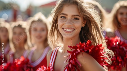 A group of cheerleaders are smiling and posing for a picture. The cheerleaders are wearing red uniforms and are all smiling