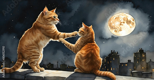 Two cats fighting in front of a full moon in the night city photo