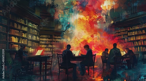 A group of people are sitting at tables in a library, with some of them reading books. The atmosphere is calm and quiet, with the only sound being the turning of pages