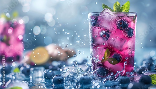 Frontal view of a refreshing Blueberry Ginger Cooler with a splash of ice cubes Utilize bright  vibrant colors to showcase the drinks freshness Focus on the details of the blueberries and