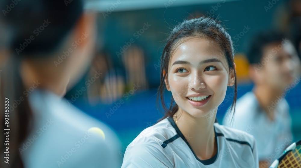 A woman is smiling and talking to another woman. The woman is wearing a white shirt and a black and white striped shirt A woman is smiling and talking to another woman. The woman is wearing a white shirt and a black and white striped shirt