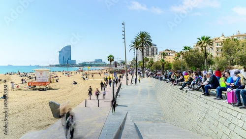 Timelapse of Crowds on Sunny Day at Barceloneta Beach, Barcelona, Spain