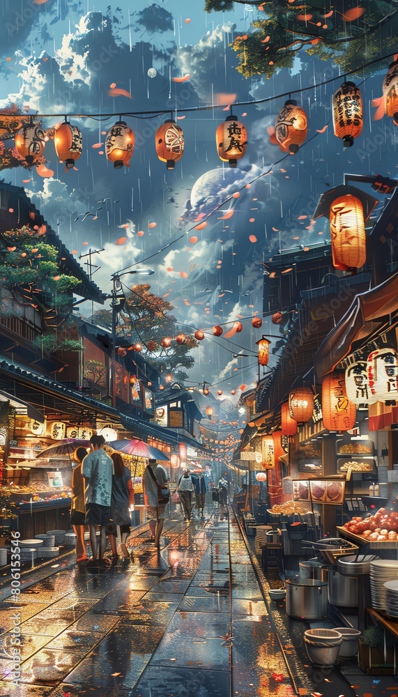 festival scene with intricate detail and depth, utilizing a mix of traditional and digital techniques to depict diverse food stalls in the foreground, inviting viewers to savor the atmosp
