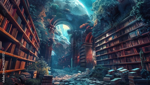 digital rendering of a mystical library surrounded by ancient tomes, each representing a different endangered language, using intricate vector art techniques photo