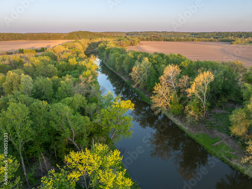 Wallpaper Mural sunrise over farmland and the Lamine River at Roberts Bluff access in Missouri, springtime aerial view Torontodigital.ca