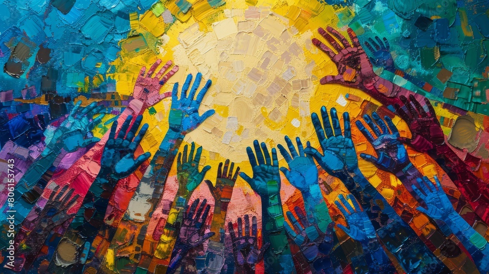 A painting of many hands reaching up to the sky. The painting is colorful and has a sense of unity and togetherness