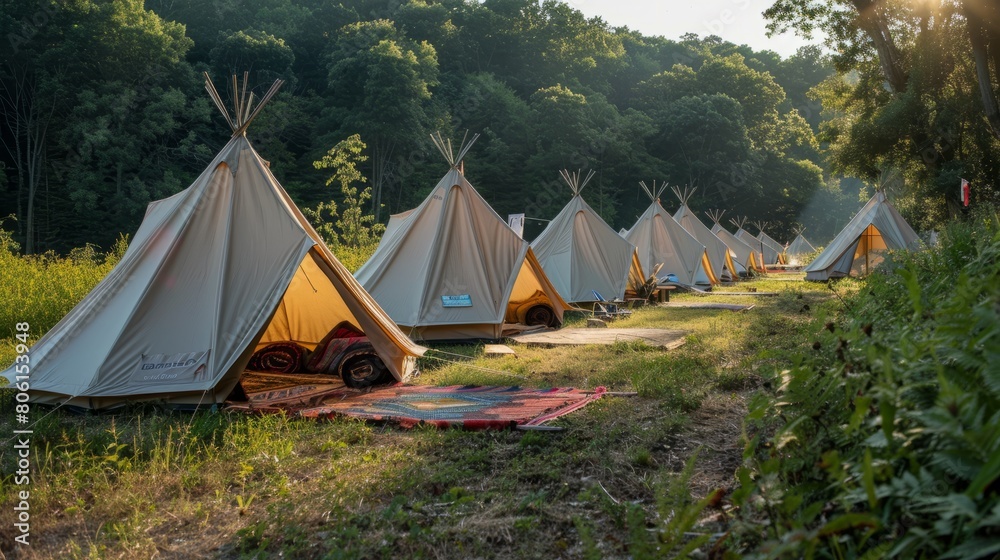 A row of teepees are lined up in a field. The teepees are all open and there are several people sitting inside. The scene is peaceful and serene, with the sun shining down on the grassy field