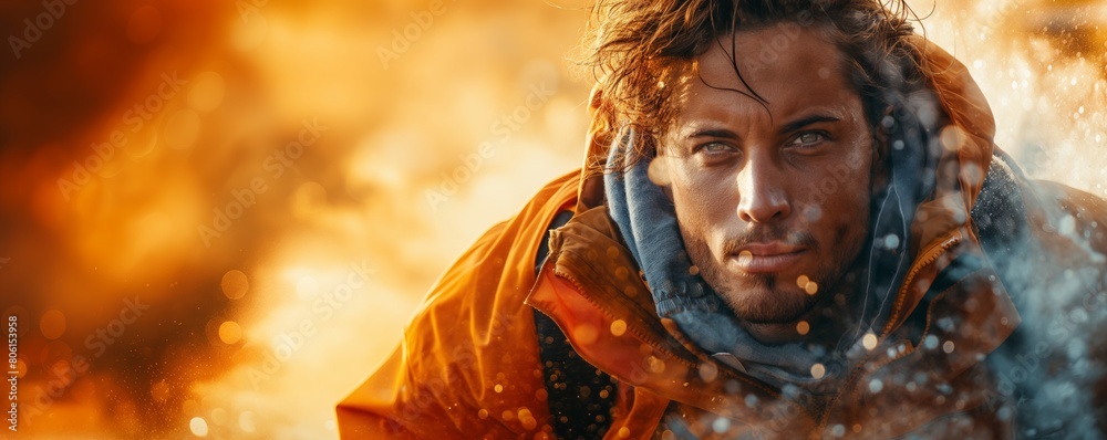 Man in orange jacket with snowflakes falling