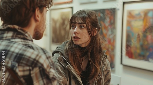 A man and a woman are talking in front of a wall of paintings. The woman is wearing a black jacket and has her hair in a ponytail