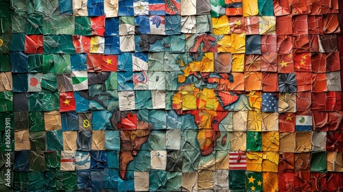 A colorful mosaic of flags and a world map. The mosaic is made of different colored pieces of paper  and it looks like a patchwork quilt. The flags are of various sizes and colors