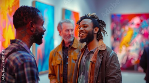 A man with dreadlocks is smiling at two other men in a room with paintings on the walls