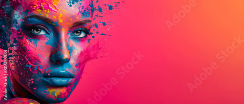 A woman's face is painted with bright colors and is the main focus of the image