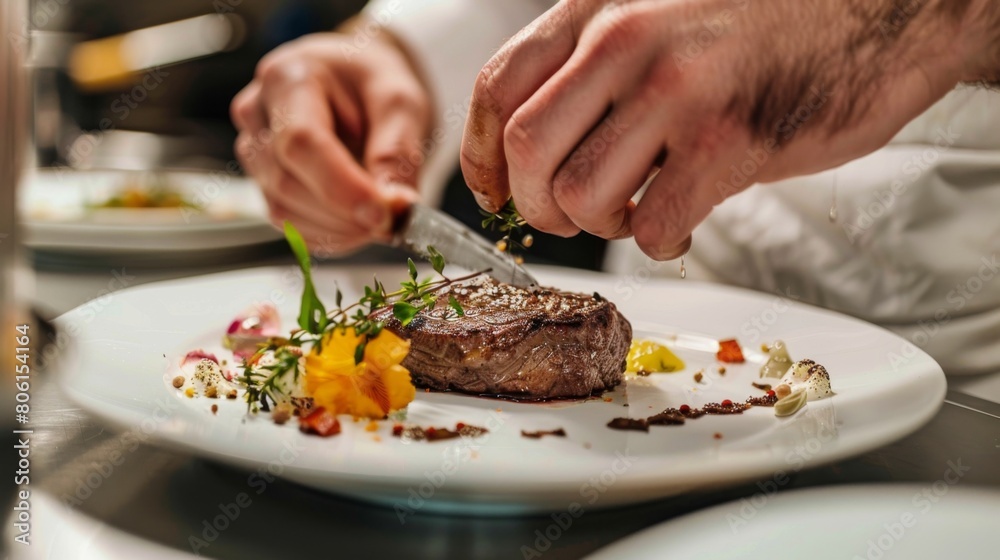 A steak being plated with elegance and precision, garnished with fresh herbs and edible flowers for visual appeal. A steak being plated with elegance and precision, garnished with fresh herbs and edible flowers for visual appeal.
