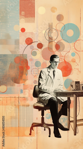 Vintage modernist medical collage with nostalgic 1950s and 1960s retro style inspired by midcentury art and design, featuring a specialist doctor in a vintage hospital gown