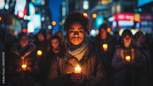 A woman is holding a candle in a crowd of people. Concept of unity and togetherness as the people hold candles in their hands. The darkness of the night adds to the solemn atmosphere