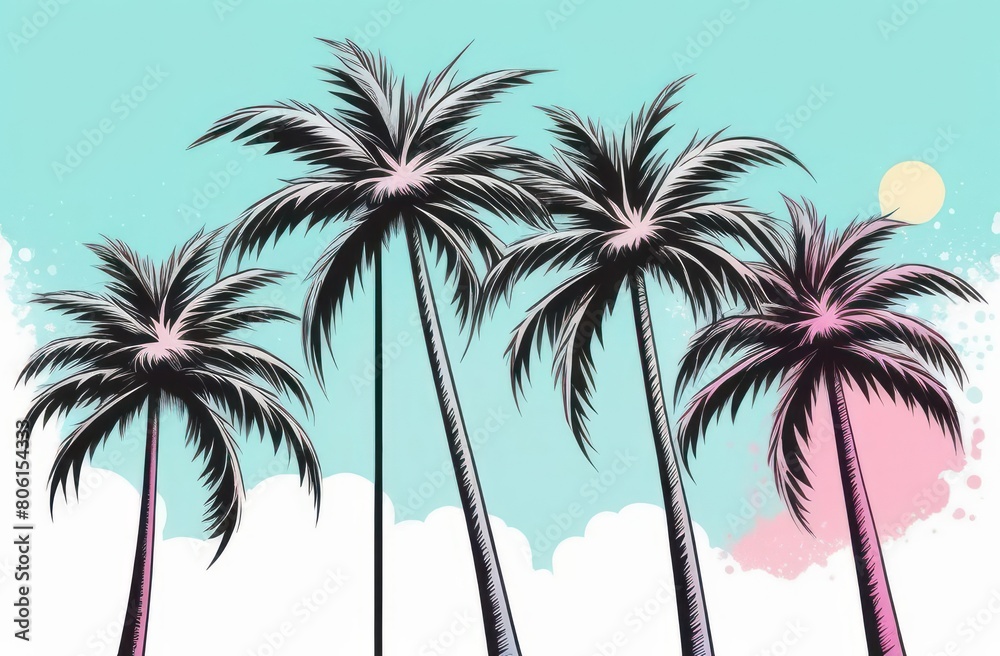 palm trees against soft pastel sky. Simplicity and calming colors make this versatile image, suitable for a variety of uses, including backgrounds, travel brochures, and thematic decorative elements