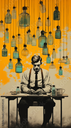 Digital collage showcasing a vintage modernist style with a cropped photo of a specialist in a hospital gown and abstract decorations, inspired by the retro 1950s and 1960s aesthetics