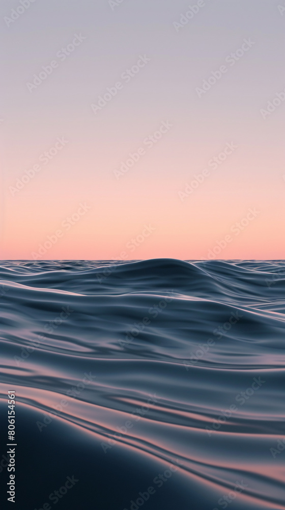 A calm and reflective ascent of navy and soft peach waves, rising smoothly, mimicking the serene flow of a twilight sky over the ocean.