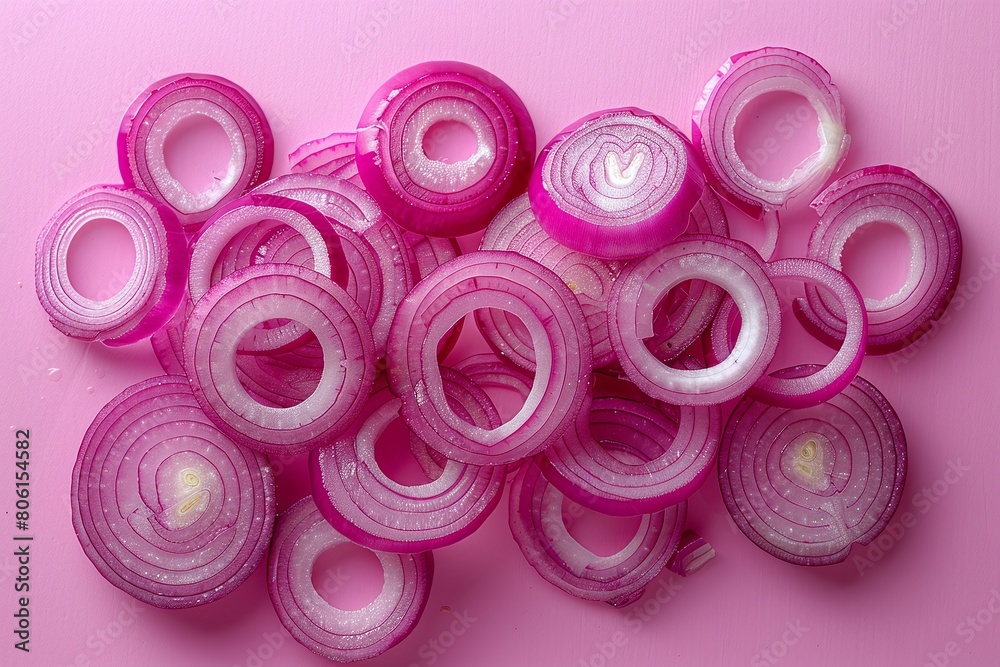 red onion rings, Sliced red onion rings scattered on a pink background. Flat lay composition. Culinary arts and food preparation concept for design and print red onion rings, Sliced red onion rings scattered on a pink background. Flat lay composition. Culinary arts and food preparation concept for design and print