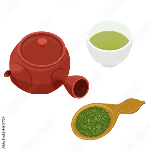 急須とお茶と茶葉と湯のみのアイコンのイラスト　ベクター