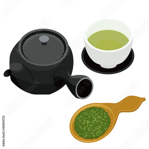 急須とお茶と茶葉と湯のみのアイコンのイラスト　ベクター