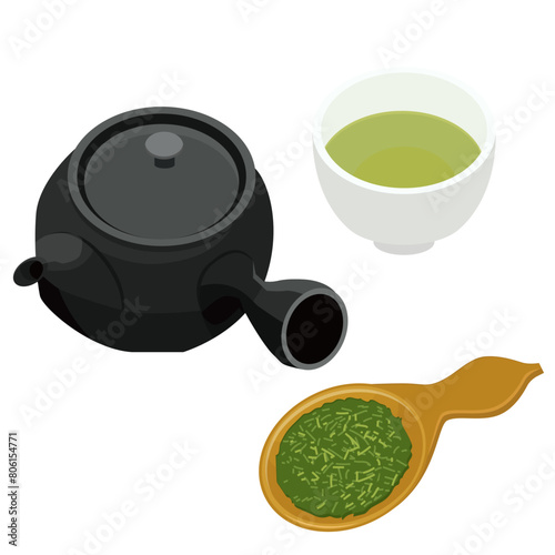 急須とお茶と茶葉と湯のみのアイコンのイラスト　ベクター
