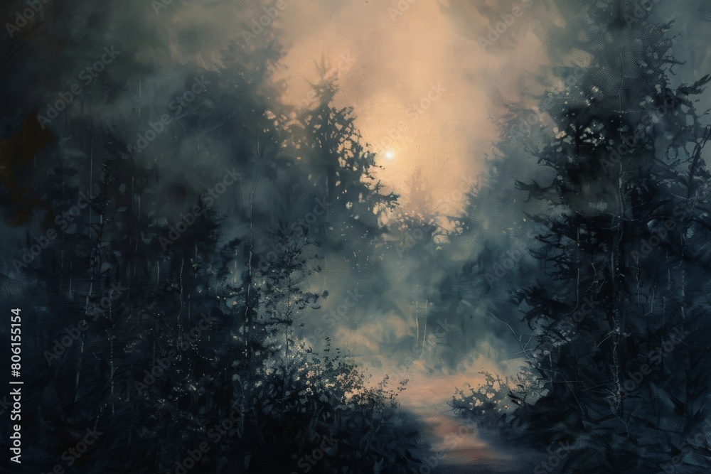Fototapeta premium A painting of a forest with a path through it