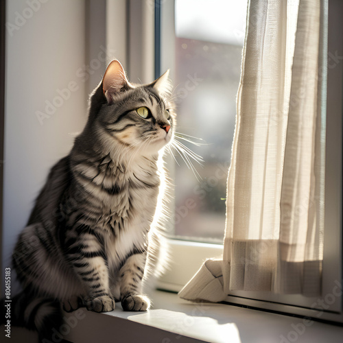 Domestic cat sitting behind a window, staring outside