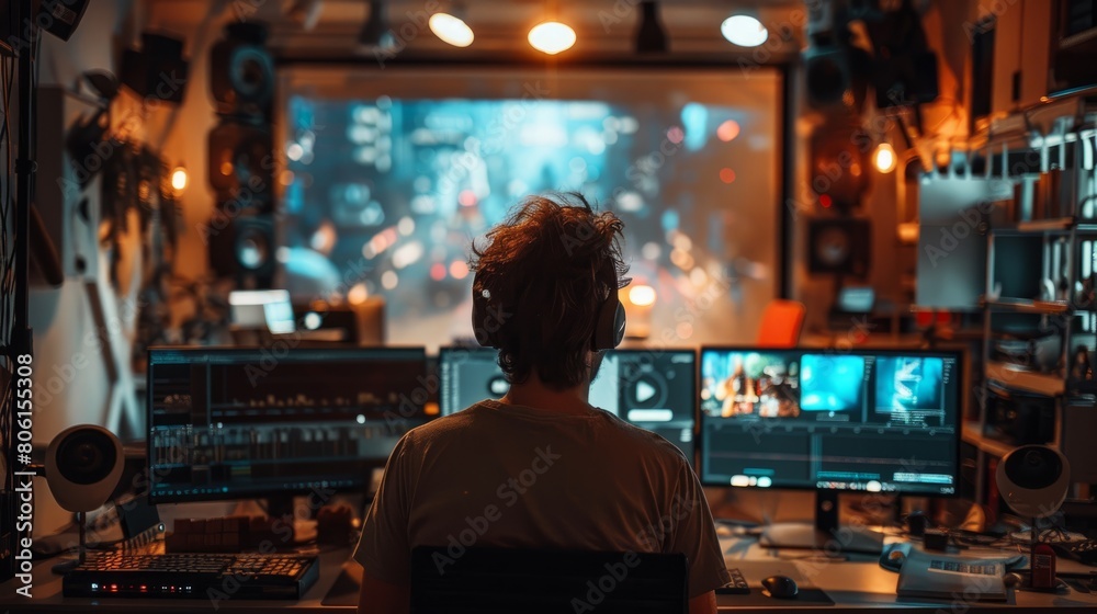 A man is sitting in front of a computer monitor with a headset on. He is watching a video game on the screen. The room is dimly lit, and there are several speakers