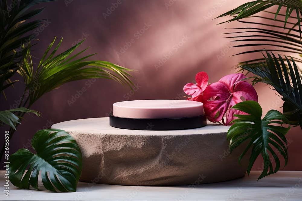 A podium made of marble with a flower on it. The podium is surrounded by tropical leaves. The background is a gradient of pink and purple.