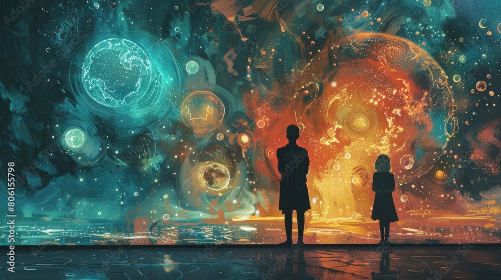 A painting of two people looking at a colorful, starry sky. The mood of the painting is peaceful and serene A painting of two people looking at a colorful, starry sky. The mood of the painting is peaceful and serene