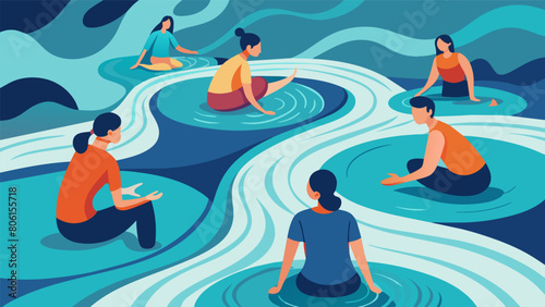 Amidst the soothing sounds of a flowing river a group practices gentle stretches while sketching the mesmerizing patterns and ripples of the water.. Vector illustration