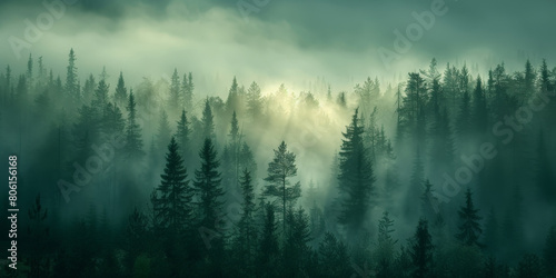 mist in the forest  green misty forest trees with fog  nature background  misty morning in the forest  