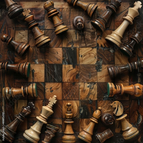 A creative flat lay template of various chess pieces and an old wooden board captures the strategic complexity of the game, with solid background and copy space on center