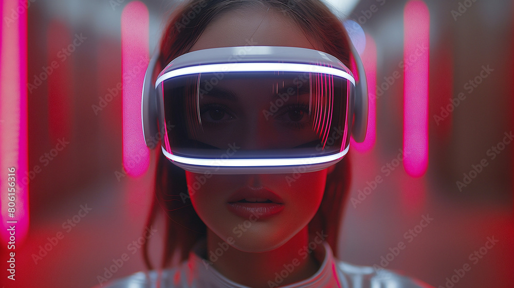 Fototapeta premium Futuristic Vision: Woman Experiencing Advanced Virtual Reality