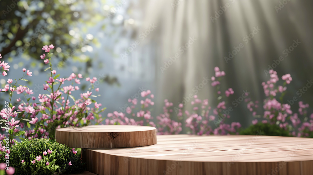 Minimal modern wood plan product display on background White orchids, pink flowers, concept stage for displaying new products, promotions Minimal modern wood plan product display on background White orchids, pink flowers, concept stage for displaying new products, promotions