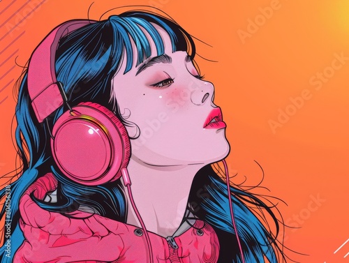 Illustration of a Korean girl with bold lines, headphones on, immersed in self-improvement while listening to music. photo