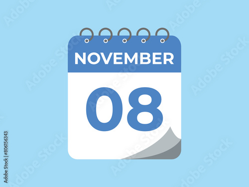 November  8 calendar reminder. 8 November  daily calendar icon template. Calendar 8 November  icon Design template. Vector illustration
