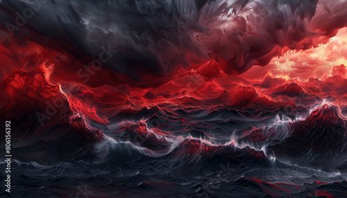 A dramatic and bold interaction of deep red and charcoal grey waves, clashing in a powerful display that captures the intensity of a stormy sky.