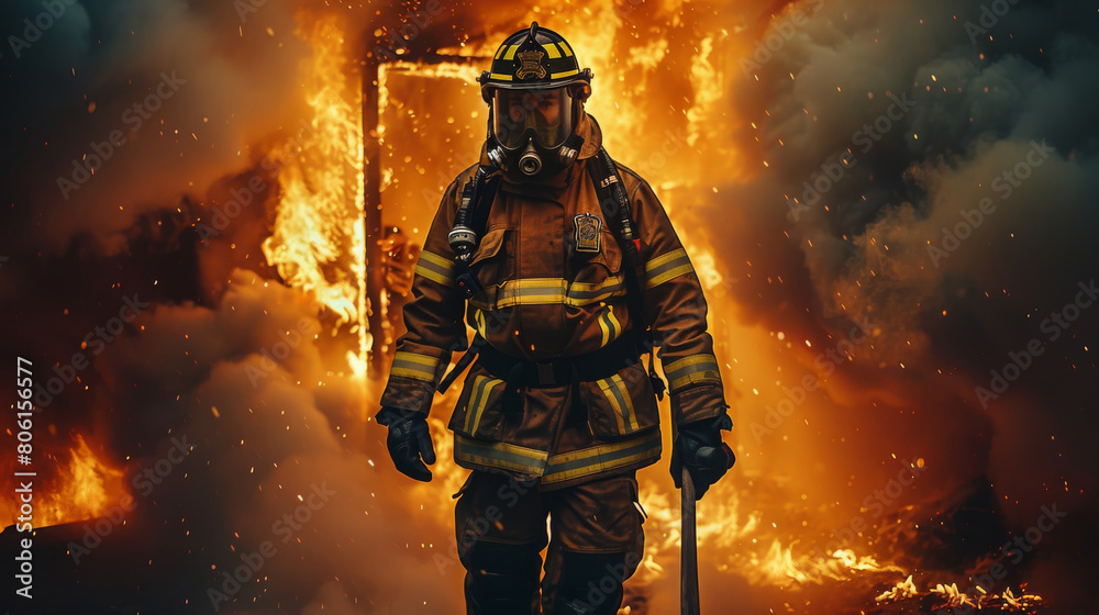 Naklejka premium A firefighter exiting burning building with fire axe, heroic pose. Generative AI.