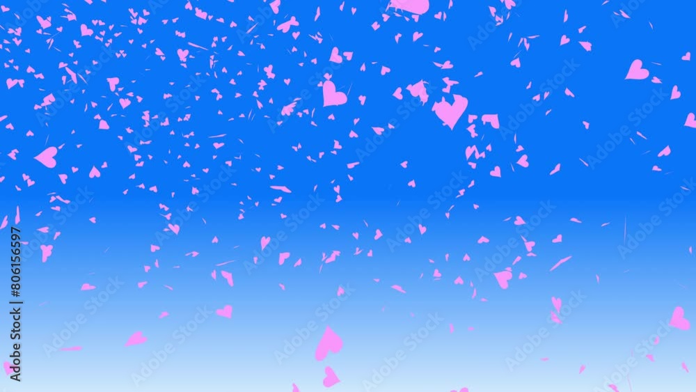 Pink heart shapes falling and flowing on the wind from blue sky gradient background. For Happy Valentine's day and wedding ceremony. Pink heart shapes falling and flowing on the wind from blue sky gradient background. For Happy Valentine's day and wedding ceremony.