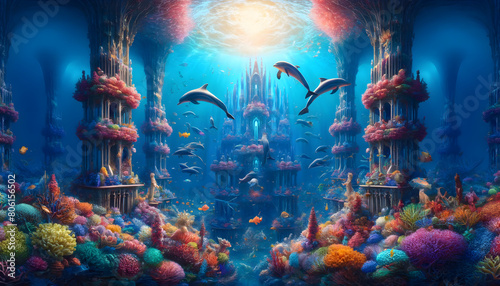 Sunlit Atlantis: Majestic Underwater City Surrounded by Coral Gardens and Soaring Manta Rays photo