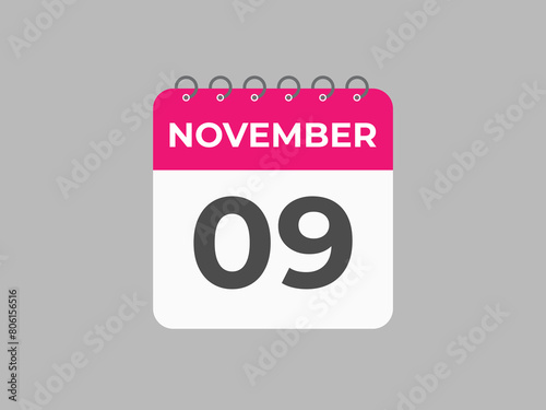 November  9 calendar reminder. 9 November  daily calendar icon template. Calendar 9 November  icon Design template. Vector illustration
